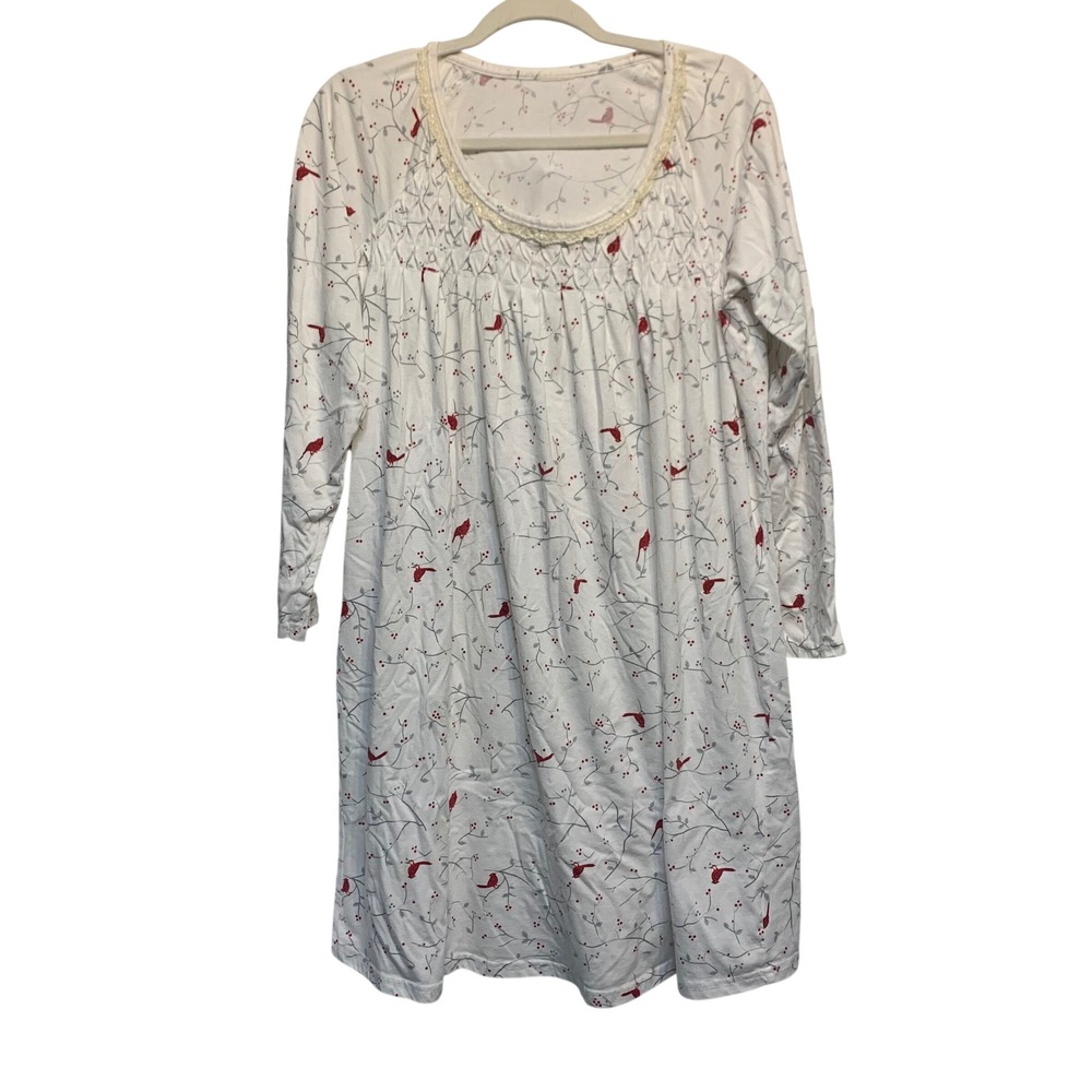 Secret Treasures Cardinal Print Nightgown Womens Small White Red Smocked Lace